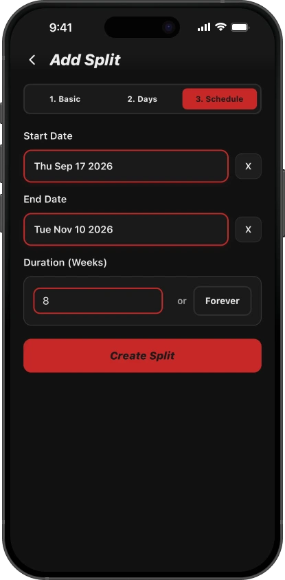 SimpleSplit workout split scheduling screen