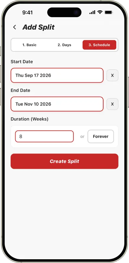 SimpleSplit workout split scheduling screen